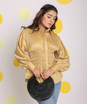 Solid beige collared full sleeve waist fitted buttoned 100% cotton top 3