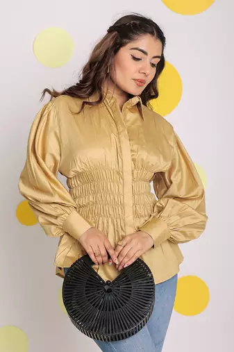 Solid beige collared full sleeve waist fitted buttoned 100% cotton top