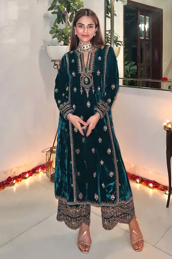 Teal embroidered 9000 velvet salwar suit (Without Potibag)