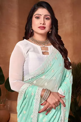 Designer white resham embroidery work georgette saree