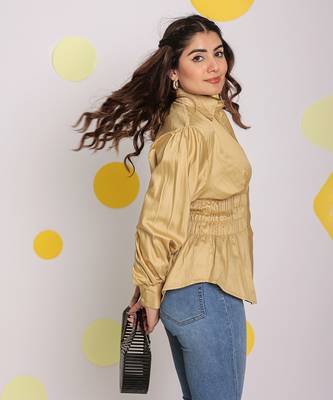 Solid beige collared full sleeve waist fitted buttoned 100% cotton top 4