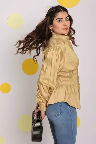 Solid beige collared full sleeve waist fitted buttoned 100% cotton top
