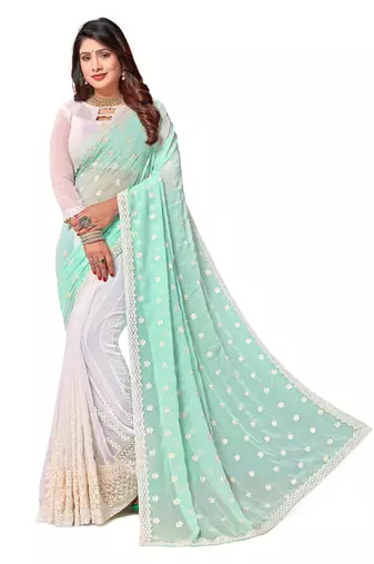 Designer white resham embroidery work georgette saree