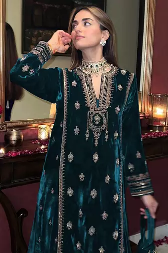 Teal embroidered 9000 velvet salwar suit (Without Potibag)
