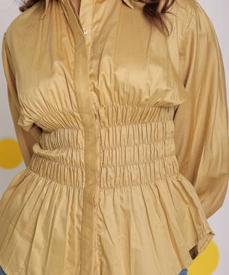 Solid beige collared full sleeve waist fitted buttoned 100% cotton top 5
