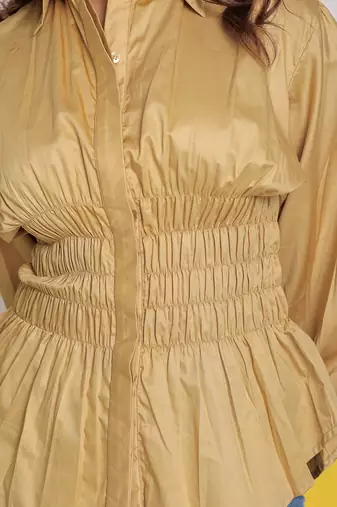 Solid beige collared full sleeve waist fitted buttoned 100% cotton top