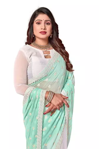Designer white resham embroidery work georgette saree