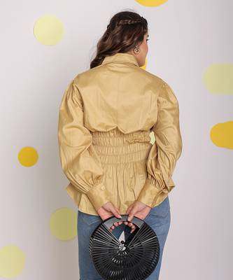 Solid beige collared full sleeve waist fitted buttoned 100% cotton top 6