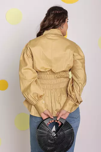 Solid beige collared full sleeve waist fitted buttoned 100% cotton top
