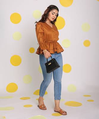 Solid brown long frill sleeves 100% peplum cotton top 1