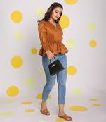 Solid brown long frill sleeves 100% peplum cotton top