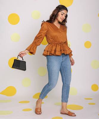 Solid brown long frill sleeves 100% peplum cotton top 3