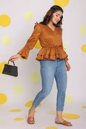 Solid brown long frill sleeves 100% peplum cotton top