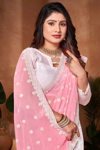 Designer pink white resham embroidery work georgette saree