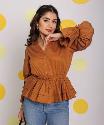 Solid brown long frill sleeves 100% peplum cotton top 4