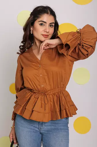 Solid brown long frill sleeves 100% peplum cotton top