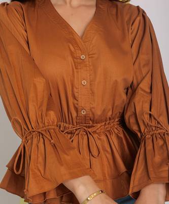 Solid brown long frill sleeves 100% peplum cotton top 5