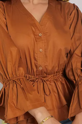 Solid brown long frill sleeves 100% peplum cotton top