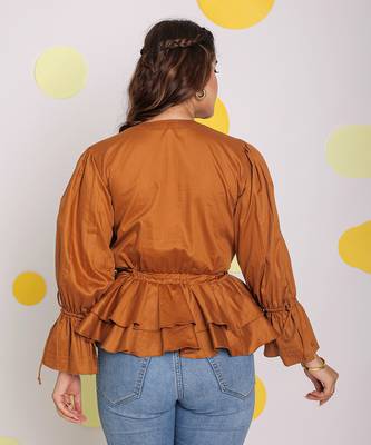 Solid brown long frill sleeves 100% peplum cotton top 6