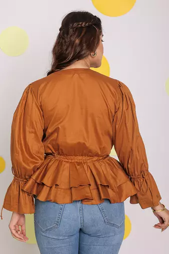 Solid brown long frill sleeves 100% peplum cotton top