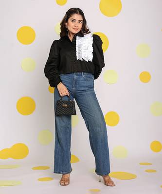 Solid black with statement white frills 100% cotton crop top 1