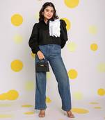 Solid black with statement white frills 100% cotton crop top