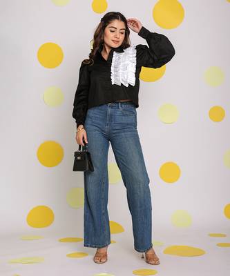 Solid black with statement white frills 100% cotton crop top 3