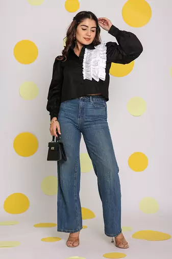 Solid black with statement white frills 100% cotton crop top