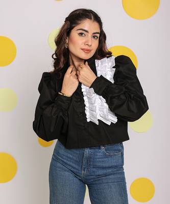 Solid black with statement white frills 100% cotton crop top 4