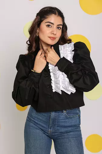 Solid black with statement white frills 100% cotton crop top