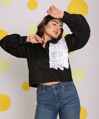 Solid black with statement white frills 100% cotton crop top 5