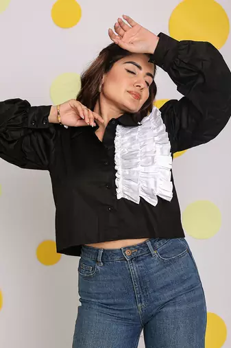 Solid black with statement white frills 100% cotton crop top