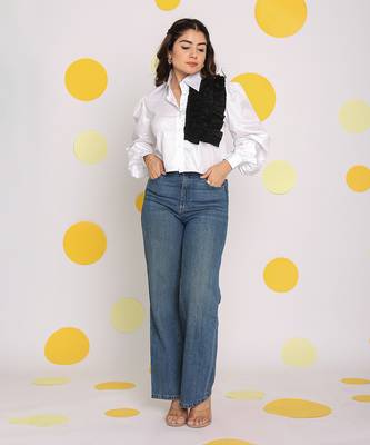 Solid white shirt with statement black frills 100% cotton crop shirt 1