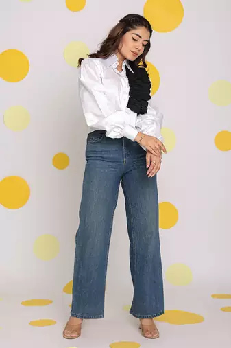 Solid white shirt with statement black frills 100% cotton crop shirt