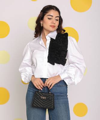 Solid white shirt with statement black frills 100% cotton crop shirt 3