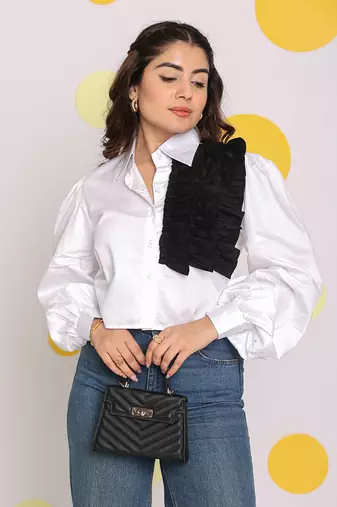 Solid white shirt with statement black frills 100% cotton crop shirt