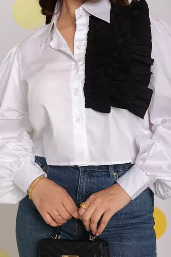 Solid white shirt with statement black frills 100% cotton crop shirt