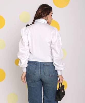 Solid white shirt with statement black frills 100% cotton crop shirt 5