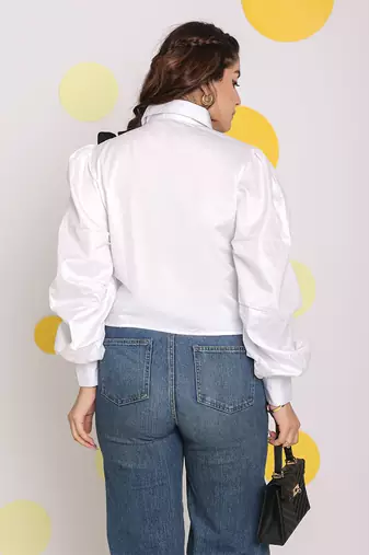 Solid white shirt with statement black frills 100% cotton crop shirt