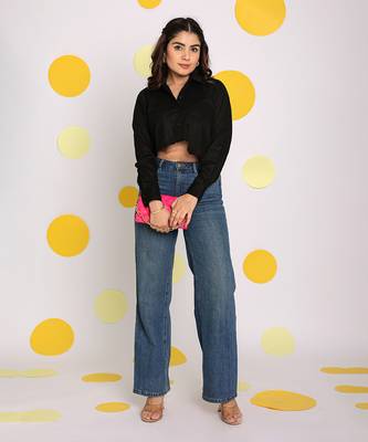 Solid black collared full sleeves long front pocket 100% cotton crop shirt 1