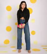 Solid black collared full sleeves long front pocket 100% cotton crop shirt