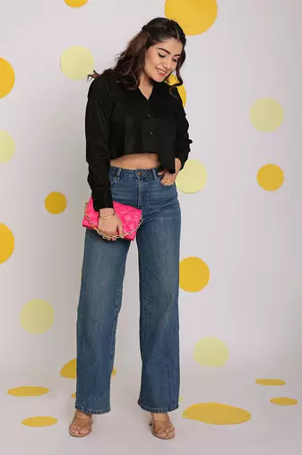 Solid black collared full sleeves long front pocket 100% cotton crop shirt