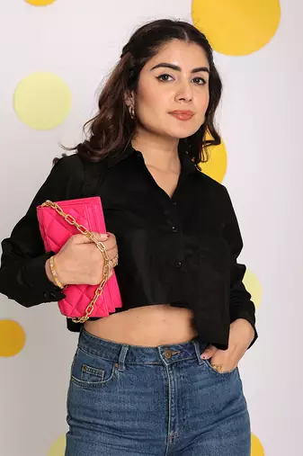 Solid black collared full sleeves long front pocket 100% cotton crop shirt