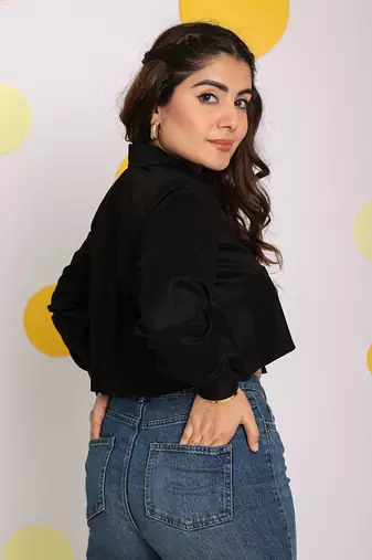 Solid black collared full sleeves long front pocket 100% cotton crop shirt