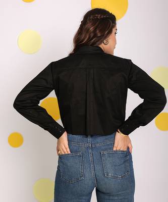 Solid black collared full sleeves long front pocket 100% cotton crop shirt 5