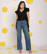 Solid black frilled v-neck 100% cotton tunic short top