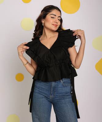 Solid black frilled v-neck 100% cotton tunic short top 3