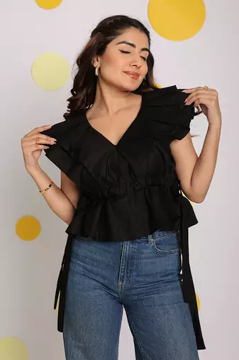 Solid black frilled v-neck 100% cotton tunic short top
