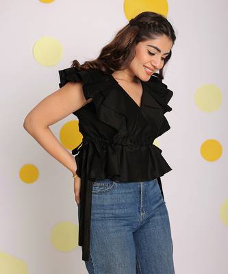 Solid black frilled v-neck 100% cotton tunic short top 4