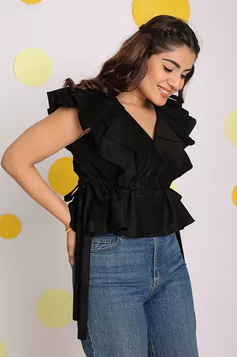Solid black frilled v-neck 100% cotton tunic short top